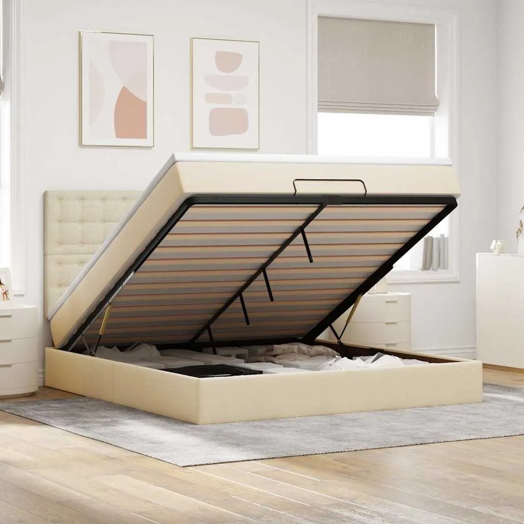 Estrutura de cama otomana com colchão tecido creme 160x200cm