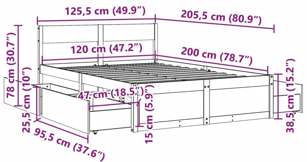 Estrutura cama c/ gavetas 120x200 cm pinho maciço castanho-mel