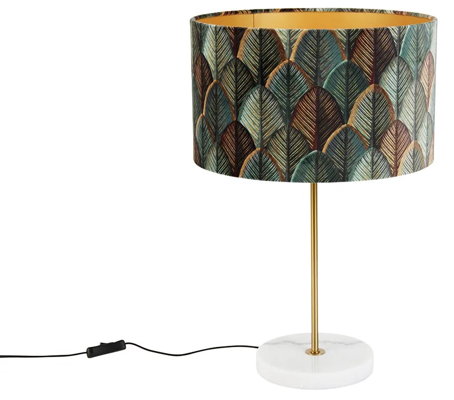 Candeeiro de Mesa em Latão com Abajur de Veludo, Design Folha e Interior Dourado - Kaso