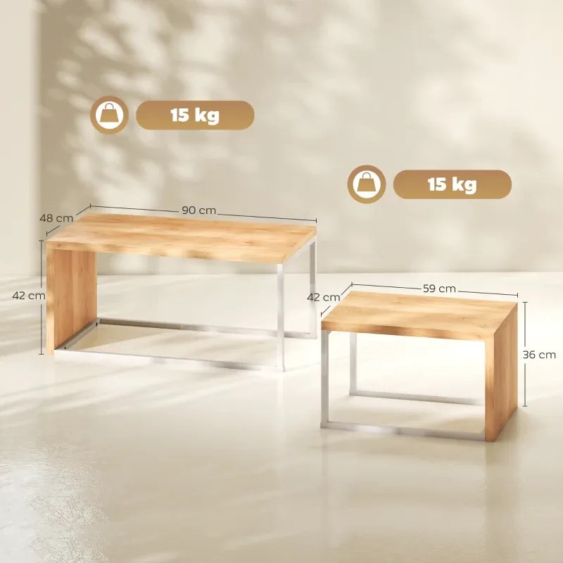 Conjunto de 2 Mesas de Centro com Pés de Metal Estilo Industrial 90x48x42 cm e 59x42x36 cm Branco e Madeira