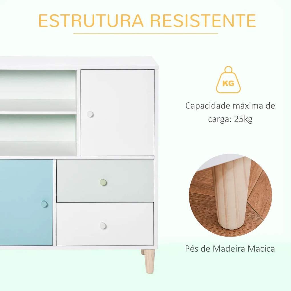 Móvel Infantil Cómoda para Crianças com 2 Compartimentos 2 Gavetas e 2 Armários para Armazenamento de Livros Brinquedos Roupa 80x30x85cm Azul