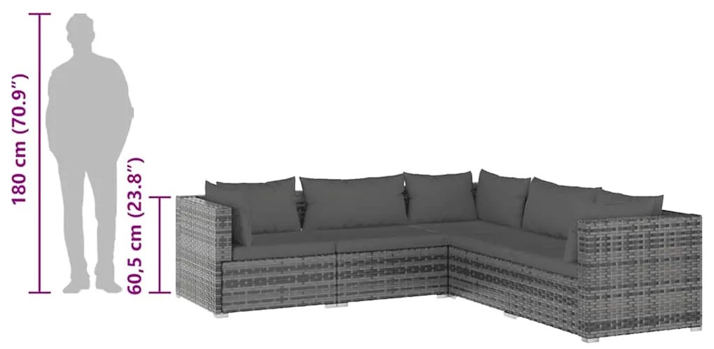 5 pcs conjunto lounge de jardim c/ almofadões vime PE cinzento