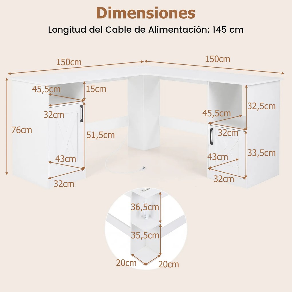 Secretária de canto em L com estação de carregamento 150 x 150 x 76 cm, prateleiras abertas, portas e estante de 2 níveis – para trabalho, jogos e est