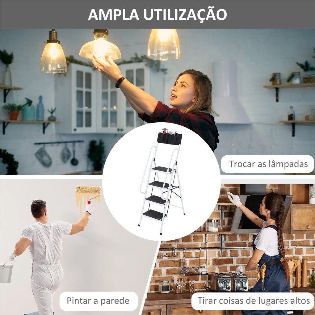 HOMCOM Escada Dobrável com 4 Degraus Escada de Metal com Apoio para os Braços e Suporte para Ferramentas Carga Máxima 150 kg 50x83x155 cm Branco e Preto