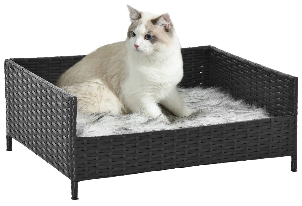 Sofá Cama para Cães de Vime Cama Elevada para Gatos Retangular com Almofada Suave e Lavável para Interior e Exterior 61x46x24,5cm Preto