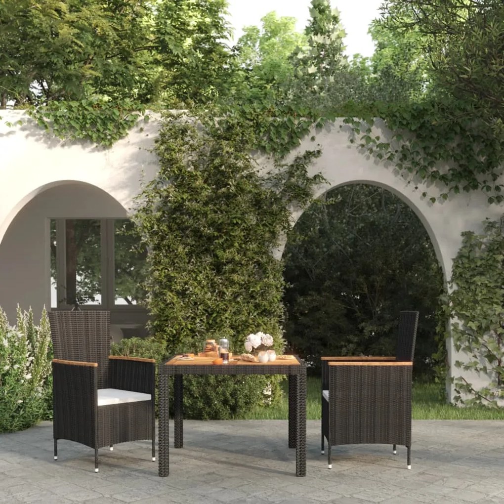 vidaXL 3 pcs conjunto jantar exterior com almofadões vime PE preto