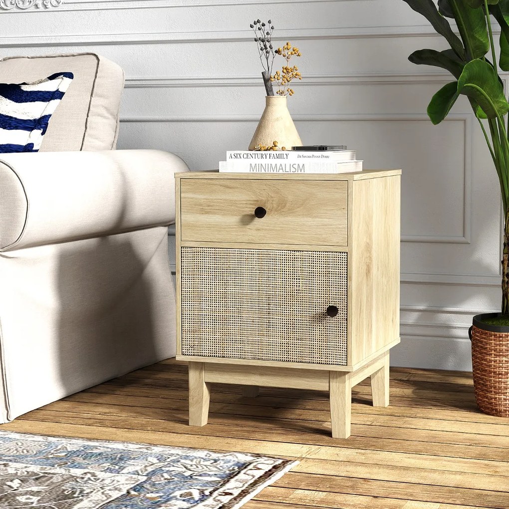 Mesa de cabeceira, Mesa apoio em rattan moderna 40 x 39 x 55 cm com gaveta e armário Boho com pés em madeira maciça para quarto Natural