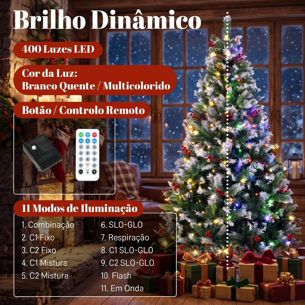 Árvore de Natal Nevada 210 cm com 400 LED 11 Modos Comando à Distância 1253 Pontas 44 Pinhas e 44 Bagas