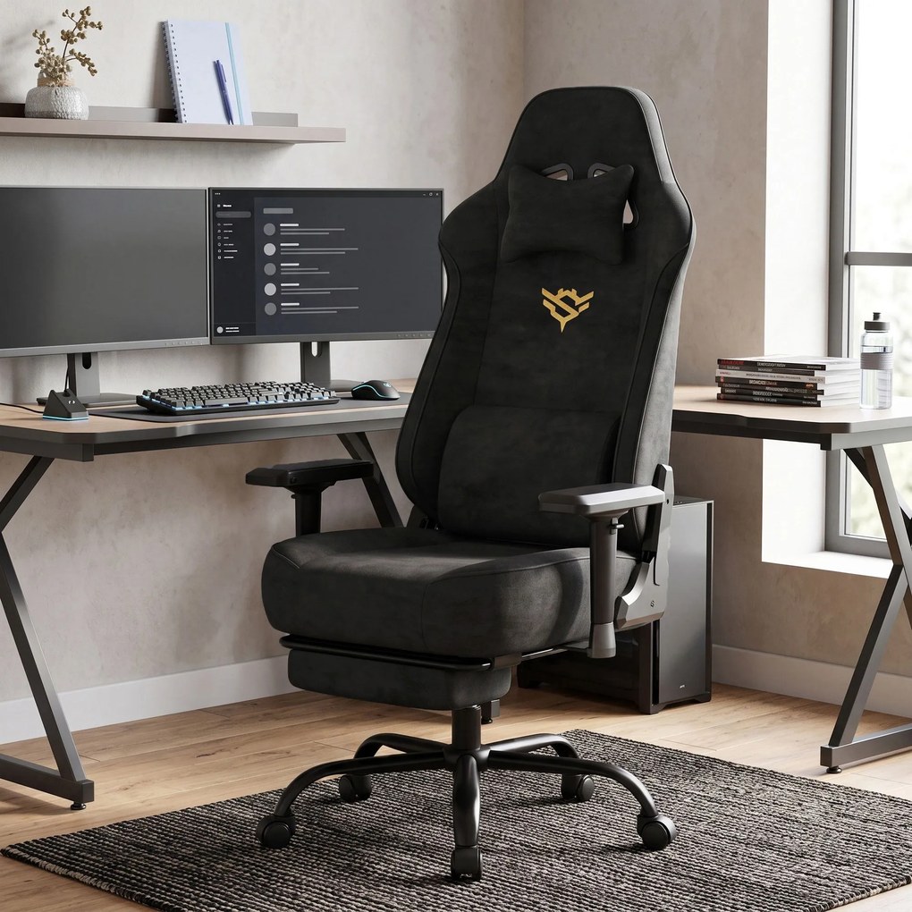 Cadeira gaming em imitação de camurça com apoio para os pés e braços 4D, até 200 kg, 72 x 72 x 125–135 cm, preta