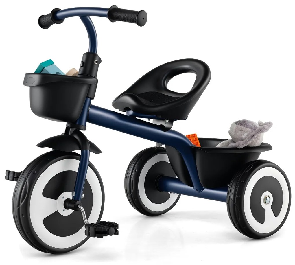 Triciclo infantil de 3 rodas com assento ajustável, cestos dianteiro e traseiro, estrutura em ferro, para 1,5 a 5 anos Azul