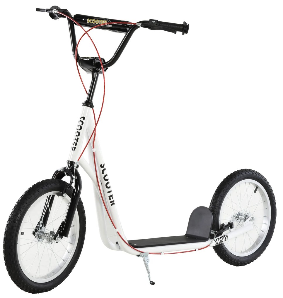 HOMCOM Trotinete para Crianças acima de 5 Anos e Adolescentes com Guiador Ajustável em Altura 2 Pneus de Borracha Insufláveis com Travagem Dupla e Rodas 16" Carga 100 kg 139x58x90-96 cm Branco