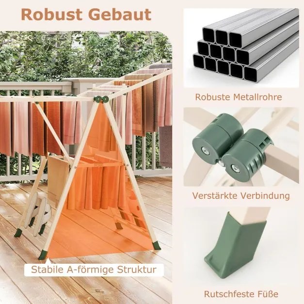 Estendal dobrável com braços ajustáveis 163 x 56 x 99–158 cm, pinças para meias e prateleira para sapatos, secador de roupa extensível bege