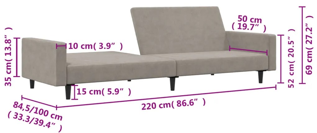 Sofá-cama de 2 lugares veludo cinzento-claro