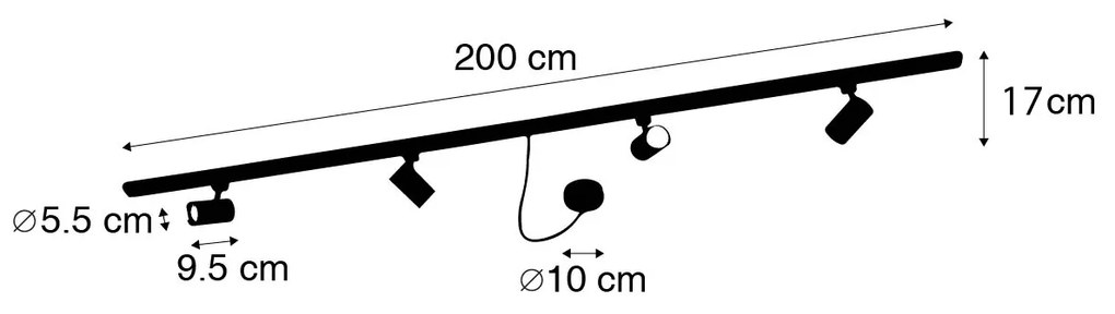 Sistema de calha monofásico preto com 4 focos e conector I redondo - Jeana