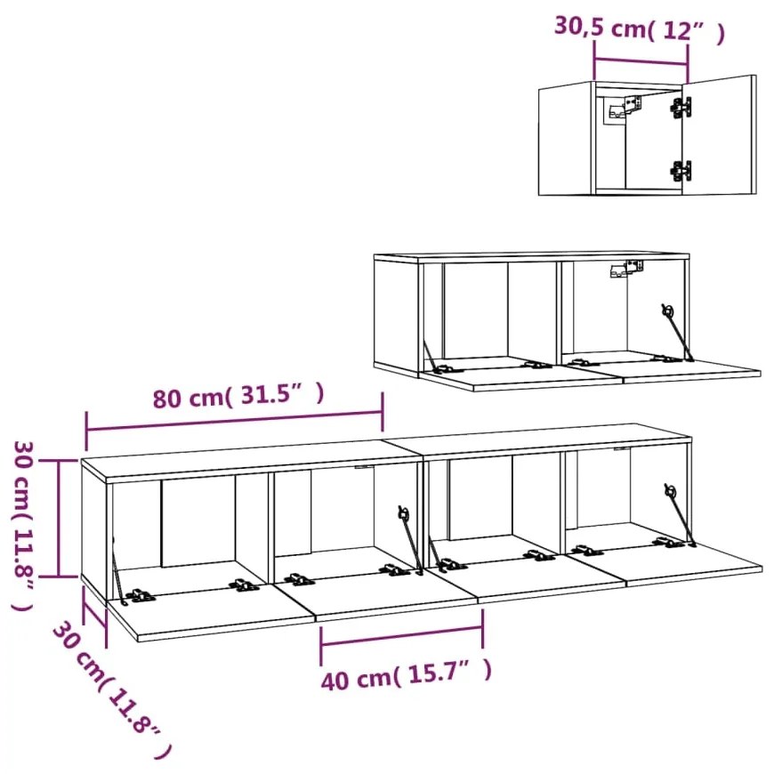 4 pcs conjunto móveis de TV madeira processada branco brilhante