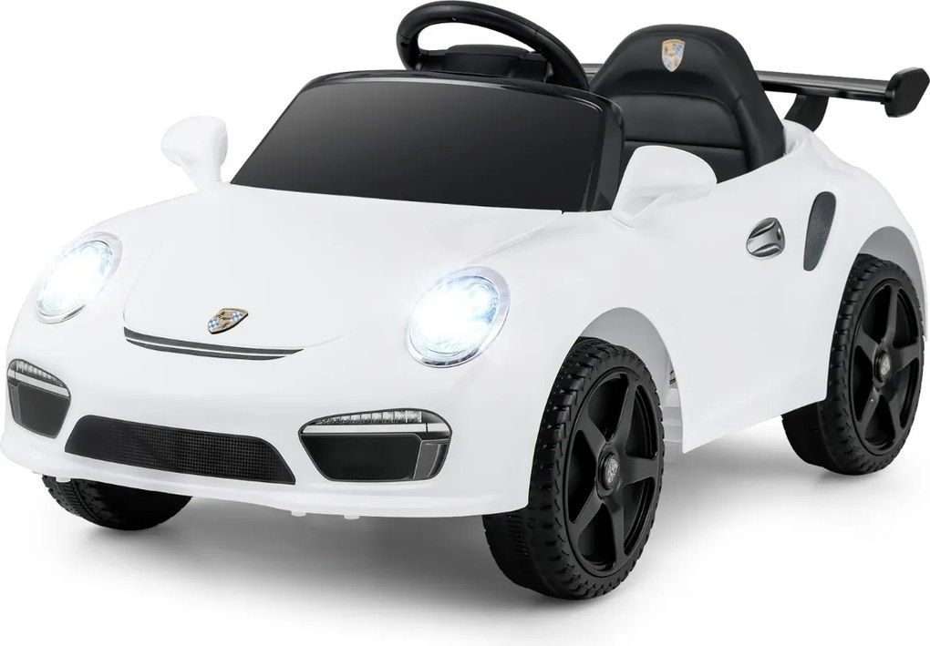Carro elétrico para crianças de 12 V Porsche licenciado com comando à distância, música, luzes LED, buzina, arranque suave, branco