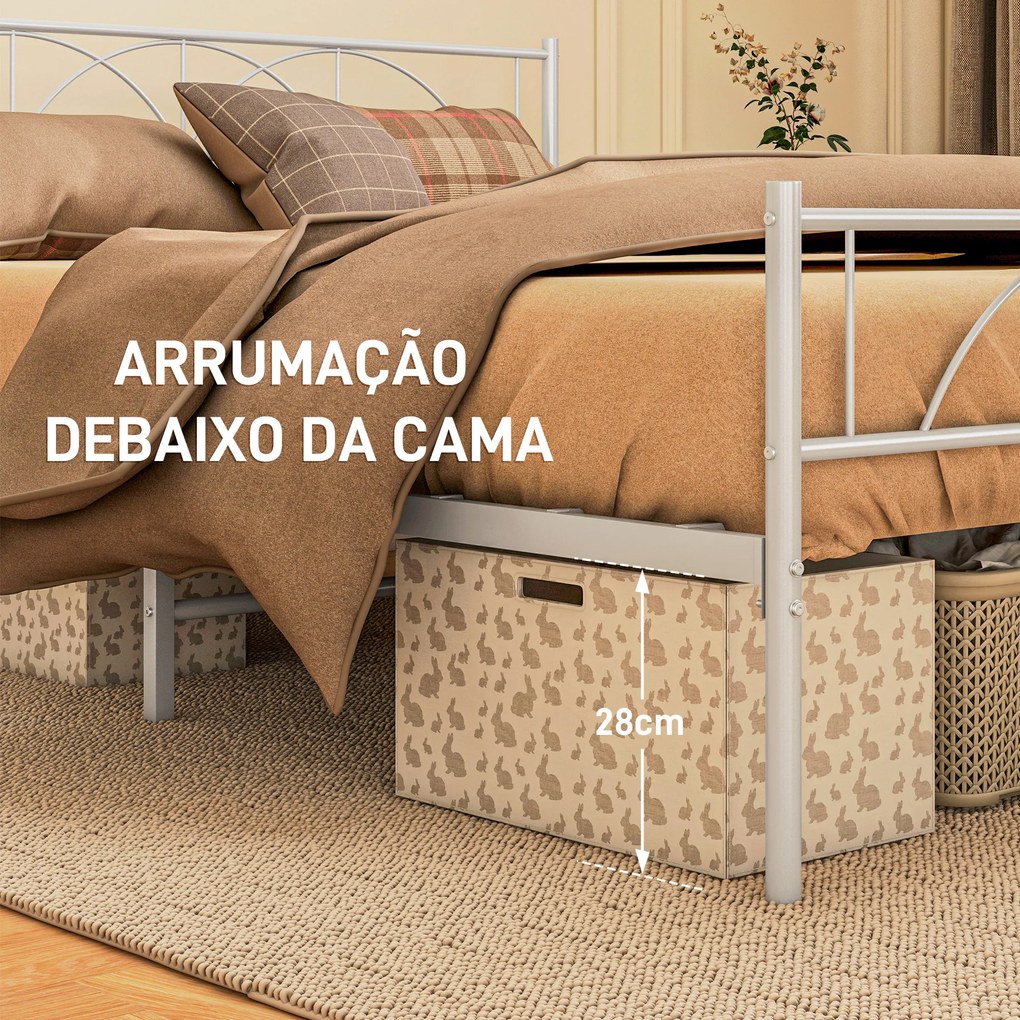 Cama de Casal 150x200 cm com Cabeceira de Ripas de Aço e Espaço de Arrumação Debaixo da Cama Carga 330 kg Branca