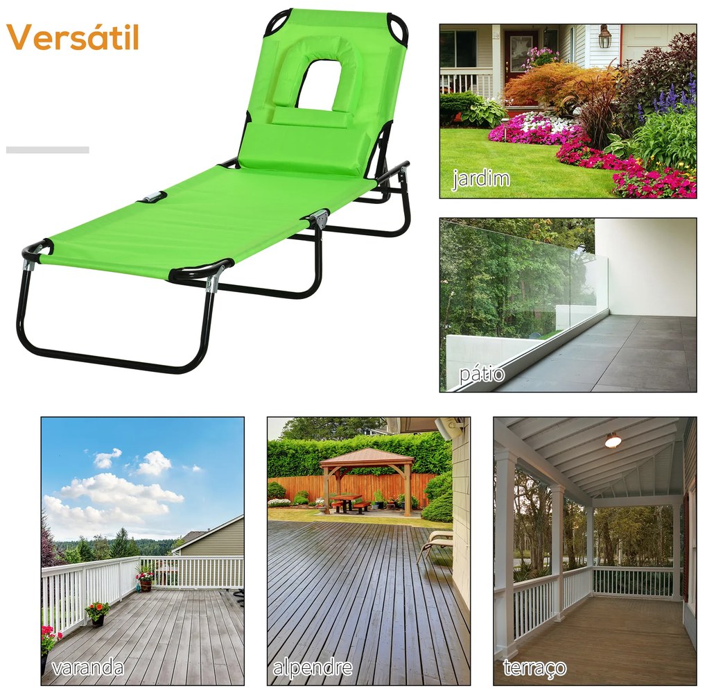 Outsunny Espreguiçadeira Dobrável com Encosto Ajustável em 4 Posições Espreguiçadeira de Jardim com Almofada Estrutura de Aço Tecido Oxford para Acampamento Praia Terraço 190x56x28cm Verde