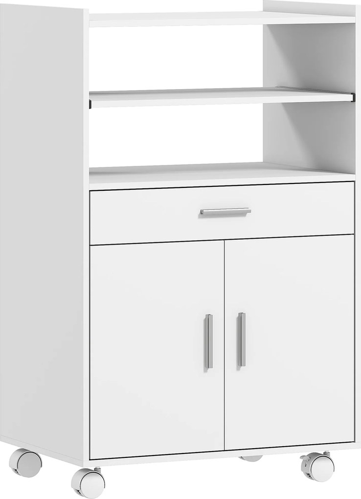 HOMCOM Carrinho de cozinha com rodas, móvel para micro-ondas com armário, gaveta e prateleiras, 59 x 40 x 92 cm, branco | Aosom Portugal