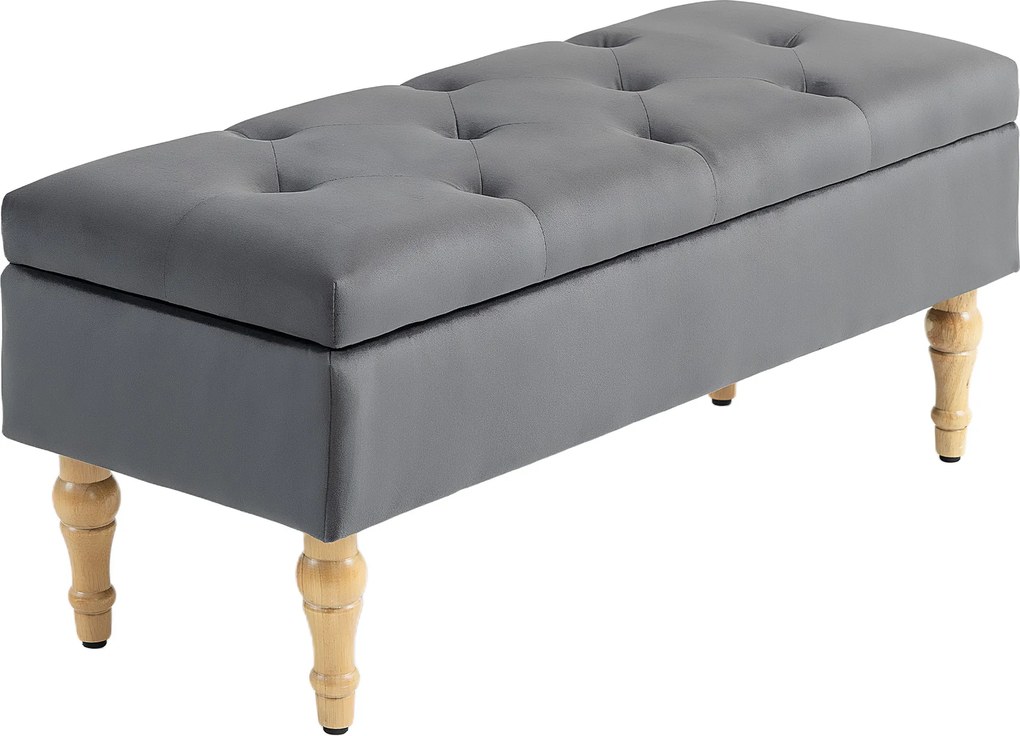 Banco com arrumação 2 em 1, em veludo 102 C x 38 P x 41 A cm com tampa articulada acolchoada e pés em madeira, cinzento