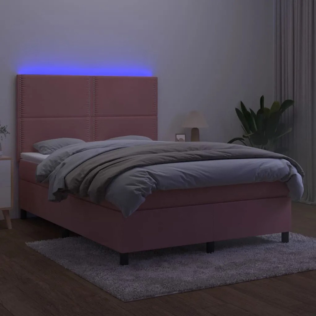 Cama box spring c/ colchão/LED 140x190 cm veludo rosa