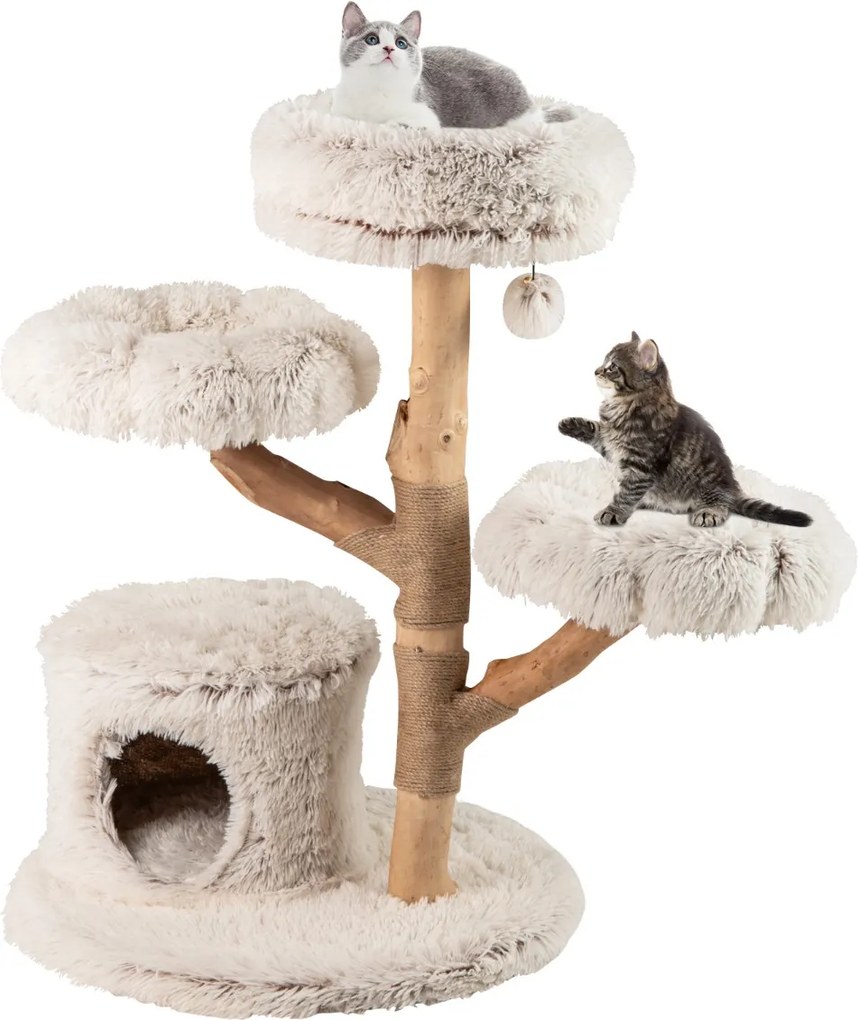 Arranhador para gatos 68 x 102 cm com galhos de madeira, 2 plataformas, arranhador de juta natural e bola pendurada para interior, branco + natural