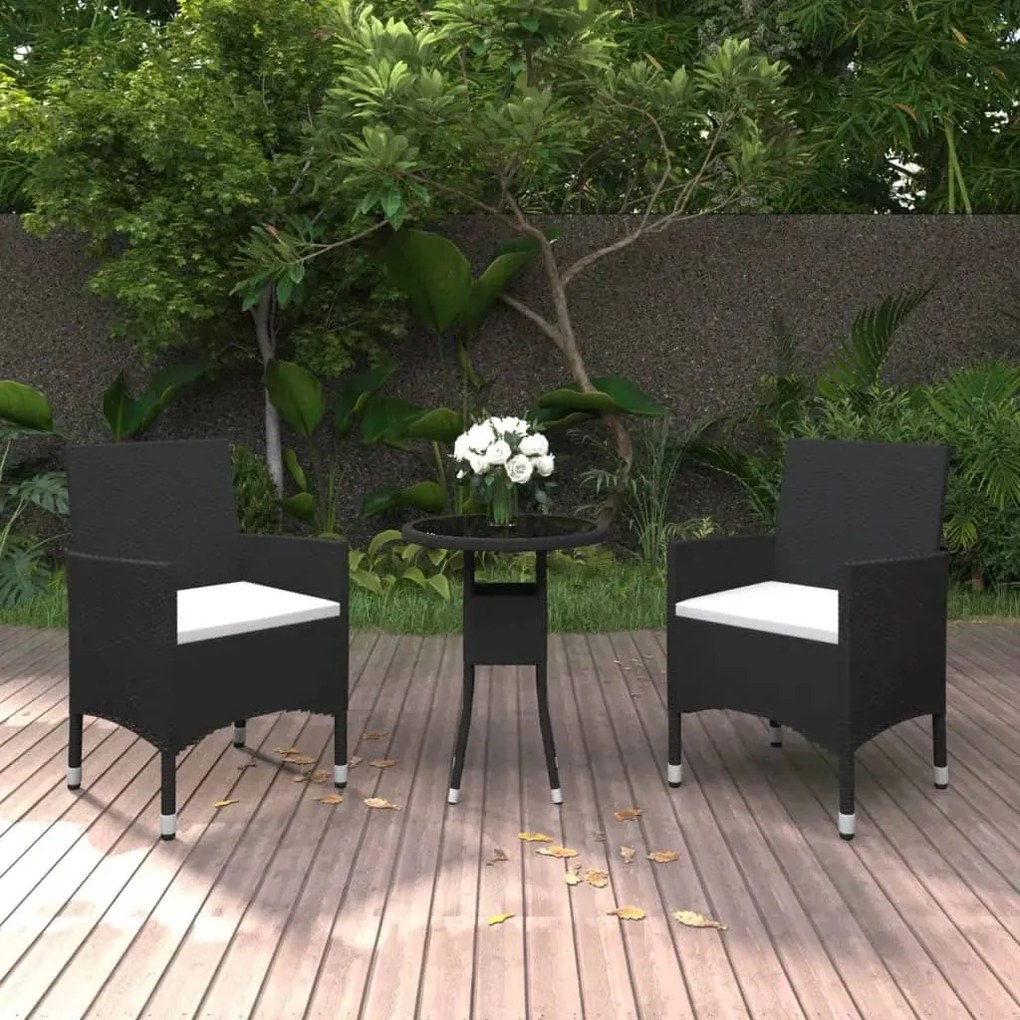 3 pcs conjunto bistrô p/ jardim vime PE e vidro temperado preto