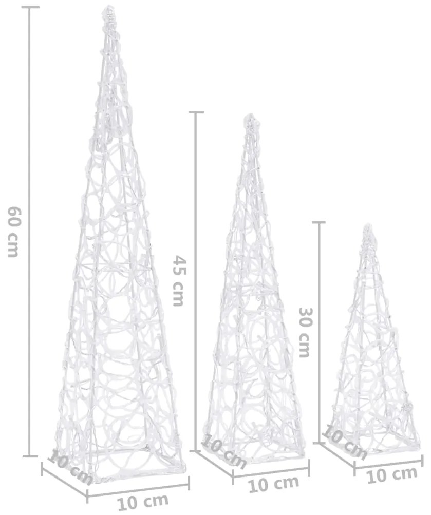 Conj. cones decorativos c/ LEDs branco frio acrílico 30/45/60cm