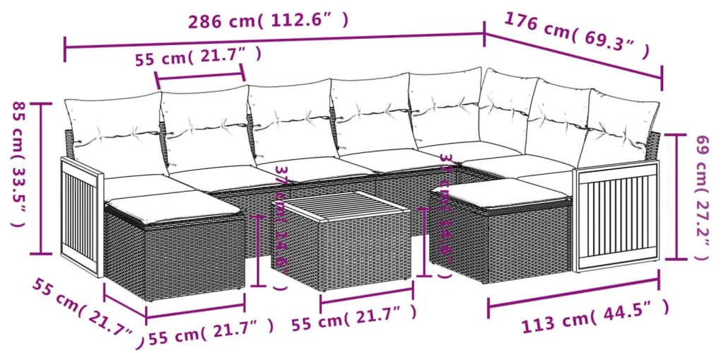 10 pcs conjunto sofás de jardim c/ almofadões vime PE preto