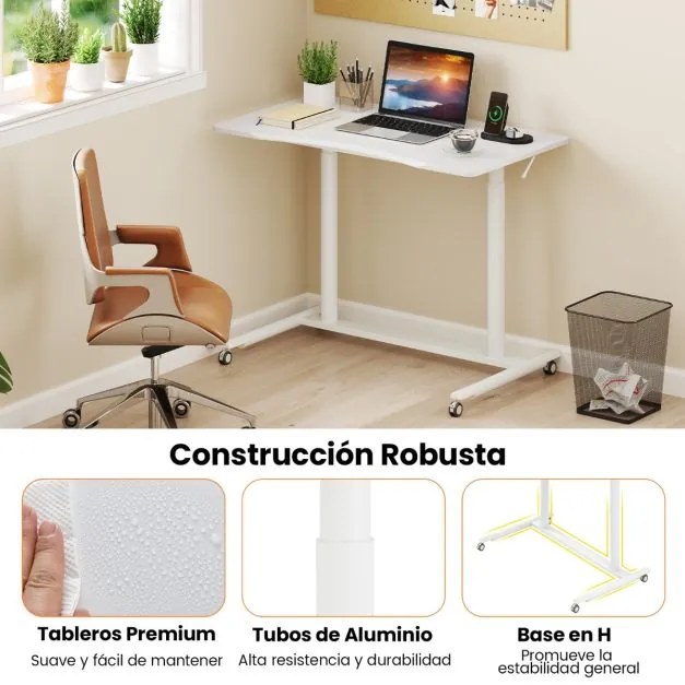 Secretária com altura ajustável em C 95 x 52 x 70-106 cm com rodas bloqueáveis e estrutura metálica para escritório Branca