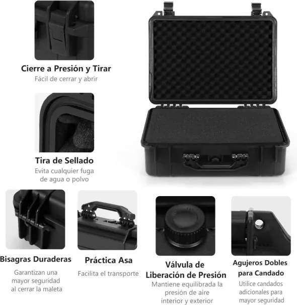 Mala de transporte rígida impermeável em polipropileno Mala para ferramentas electrónicas com enchimento de espuma 47 x 37 x 18 cm Preto