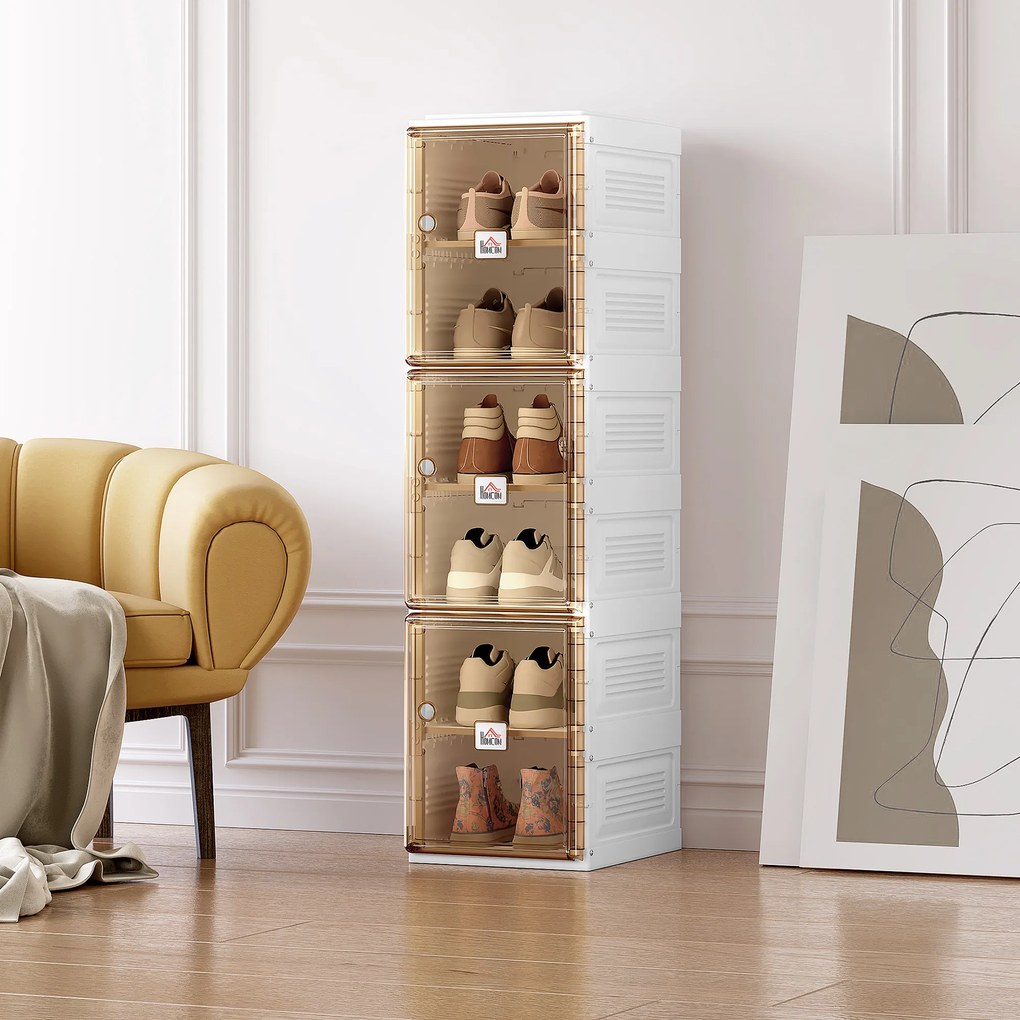 HOMCOM Móvel Sapateiro Dobrável Organizador de Sapatos com 3 Portas Magnéticas 3 Prateleiras para 6 Pares de Sapatos para Entrada Corredor Dormitório 27x34x99cm Branco e Marrom