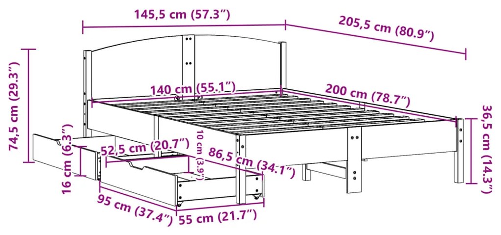 Cama sem colchão 140x200 cm madeira pinho maciça castanho-mel