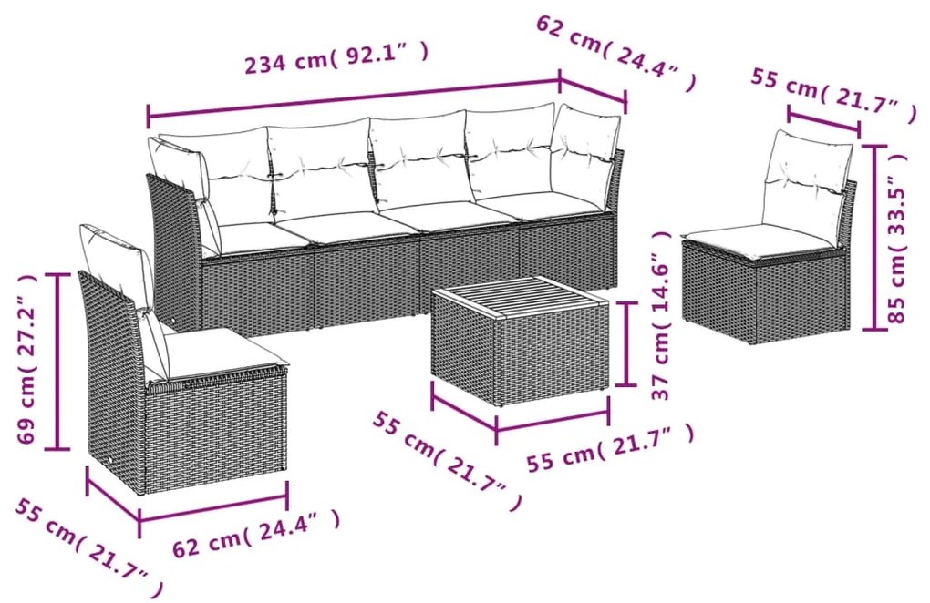 7 pcs conjunto de sofás p/ jardim c/ almofadões vime PE preto