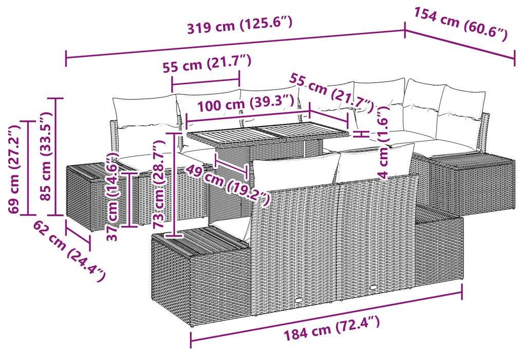 Conjunto de Jantar de Jardim de 9 Peças com Almofadas Cinza Rattan Pol