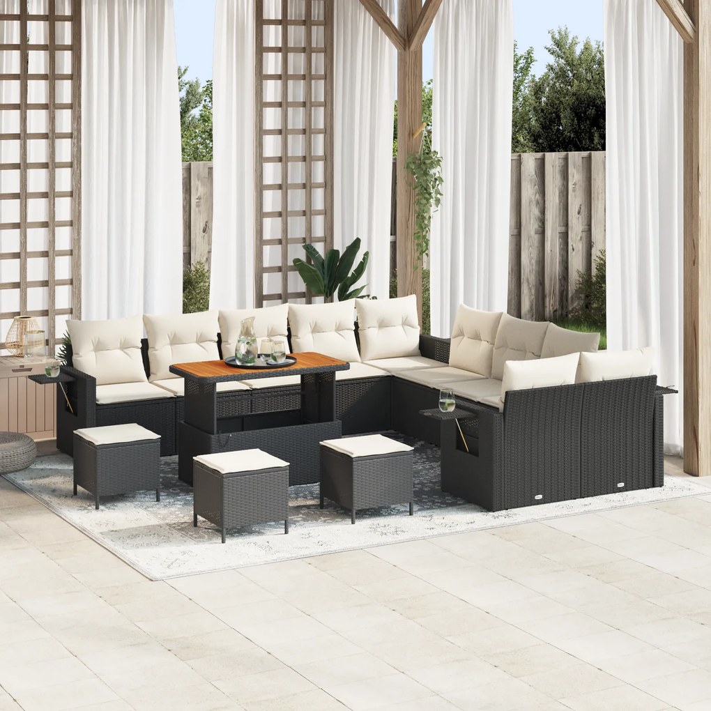 Conjunto de Sofá de Jardim vidaXL com Almofadas de Vime PE Preto Acácia