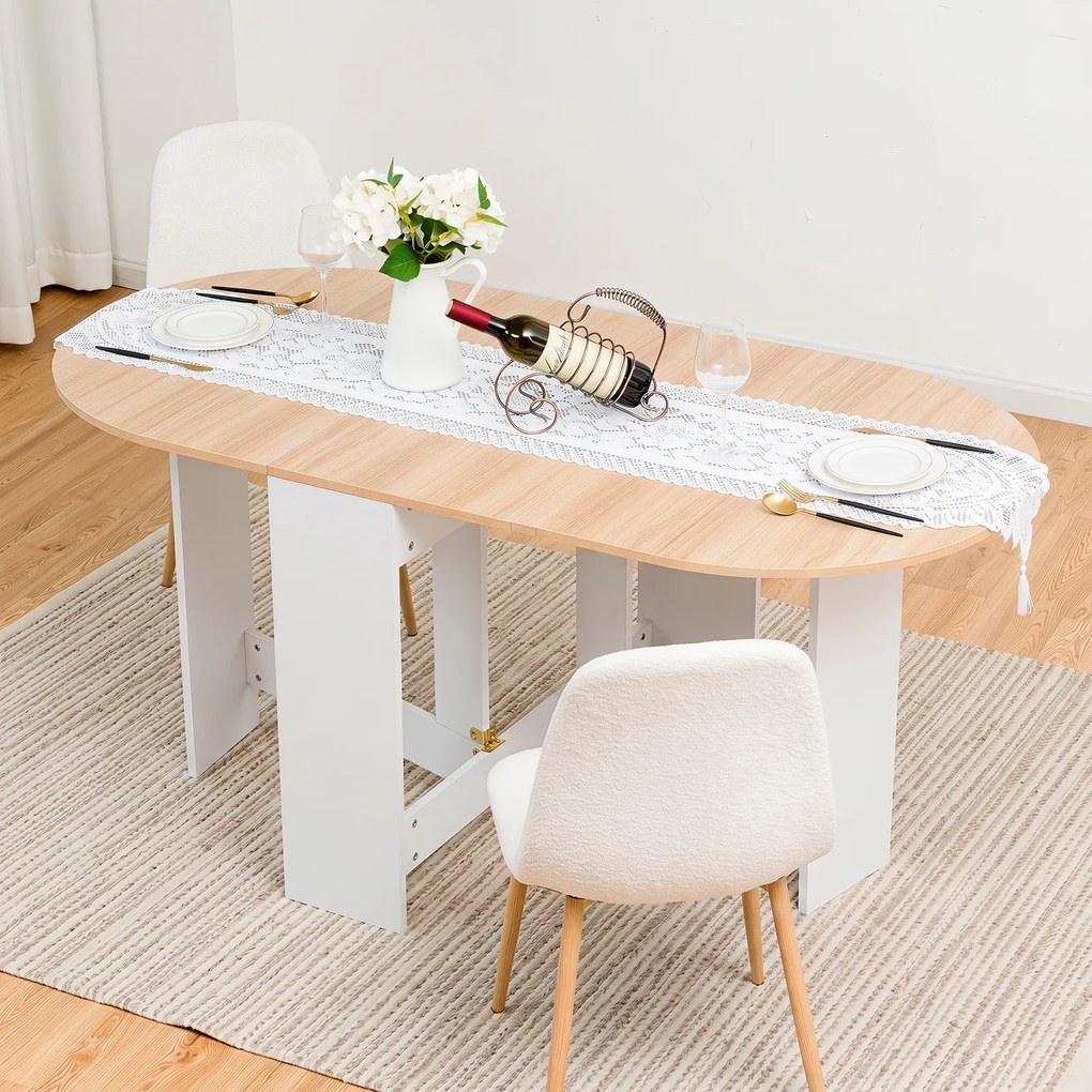 Mesa de Jantar Dobrável, 163 x 80 x 75 cm (CADEIRAS NÃO INCLUIDAS), Superfície Curva, Natural+Branco