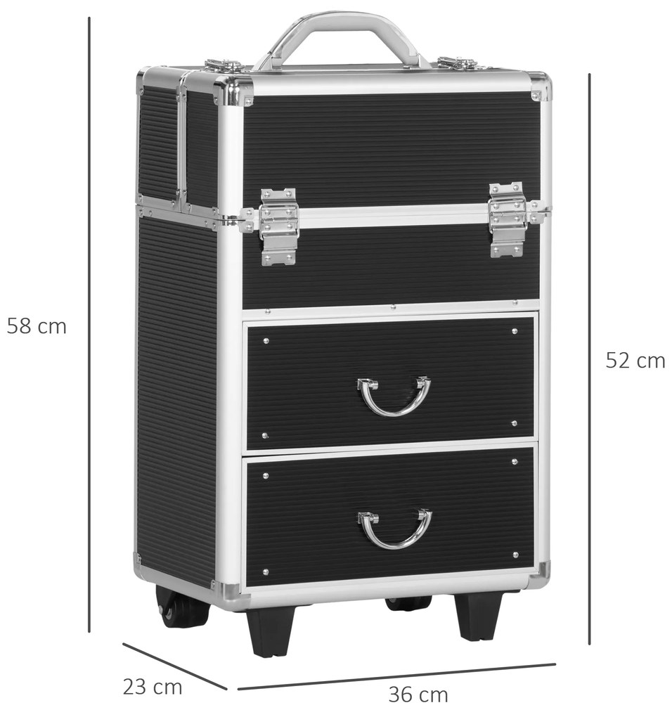 HOMCOM Mala de Maquilhagem Professional Mala para Cosméticos com Rodas 6 Gavetas Extensíveis Fechadura 2 Chaves e Alça Retrátil 36x23x58cm Preto