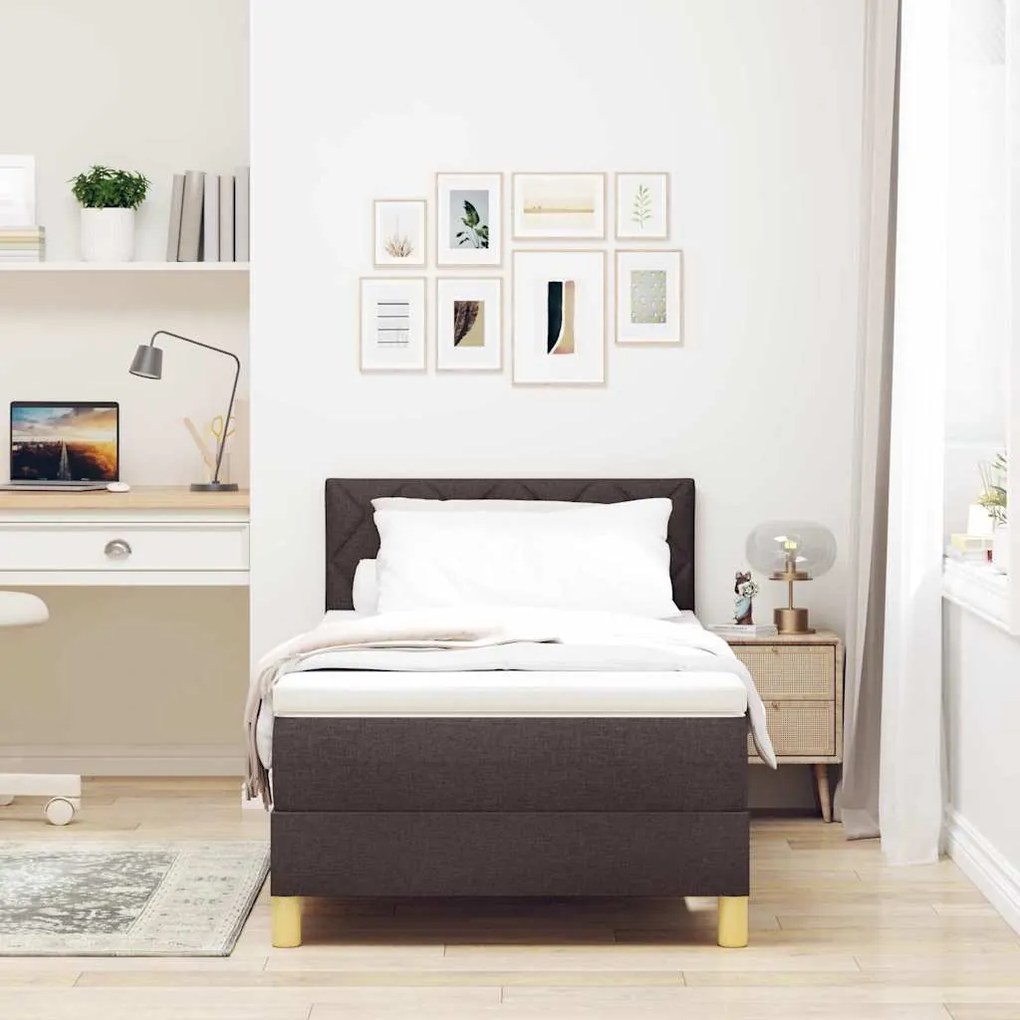 Cama Box Spring com Colchão &amp; LED Castanho 100x200 cm Tecido