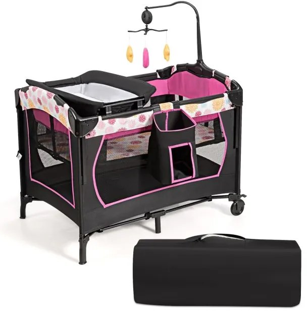 Berço portátil 3 em 1 para crianças com trocador Centro de actividades Centro de actividades com rodas e travões 107 x 72 x 80,5 cm Rosa