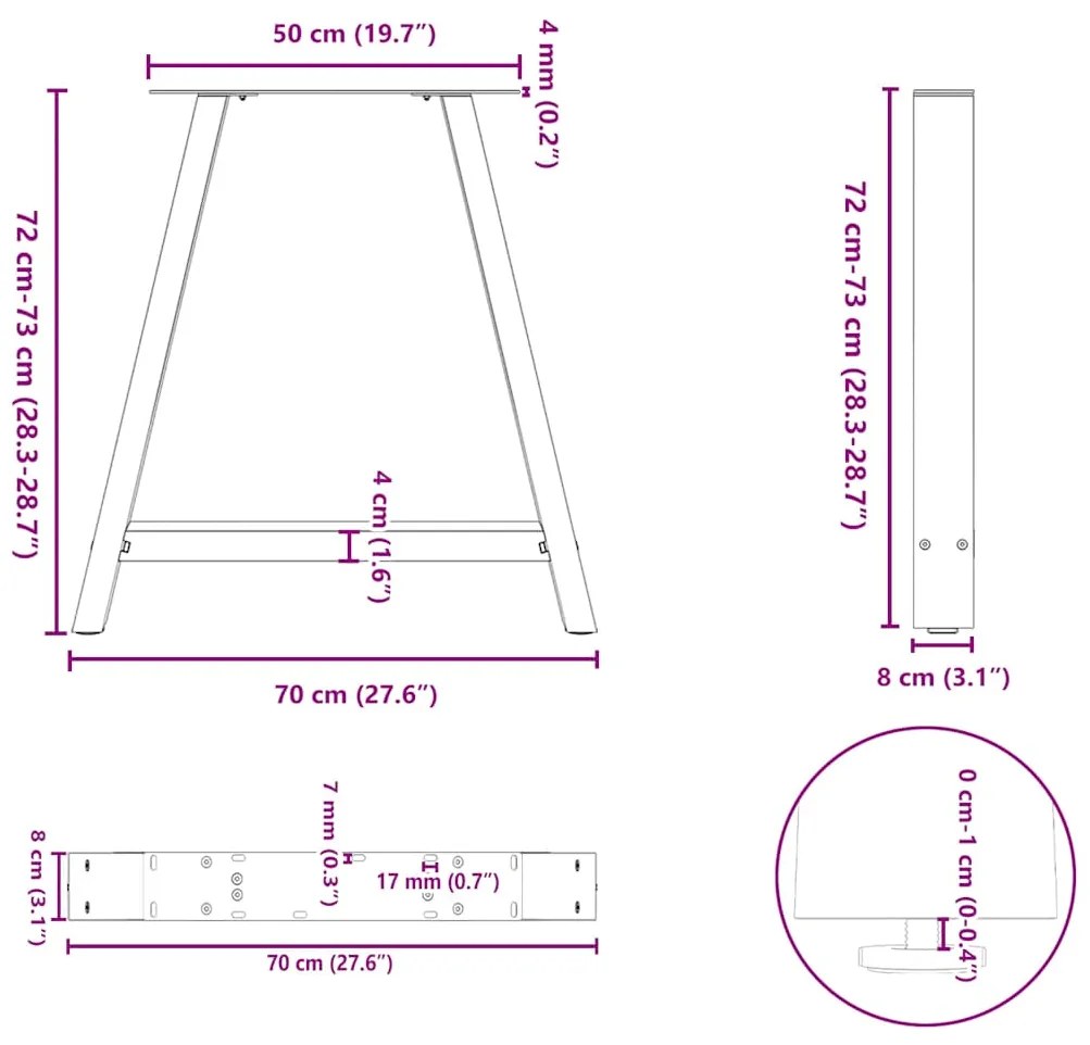 Pés para mesa de jantar em formato A, 2 peças, preto, 70x(72-73) cm, a