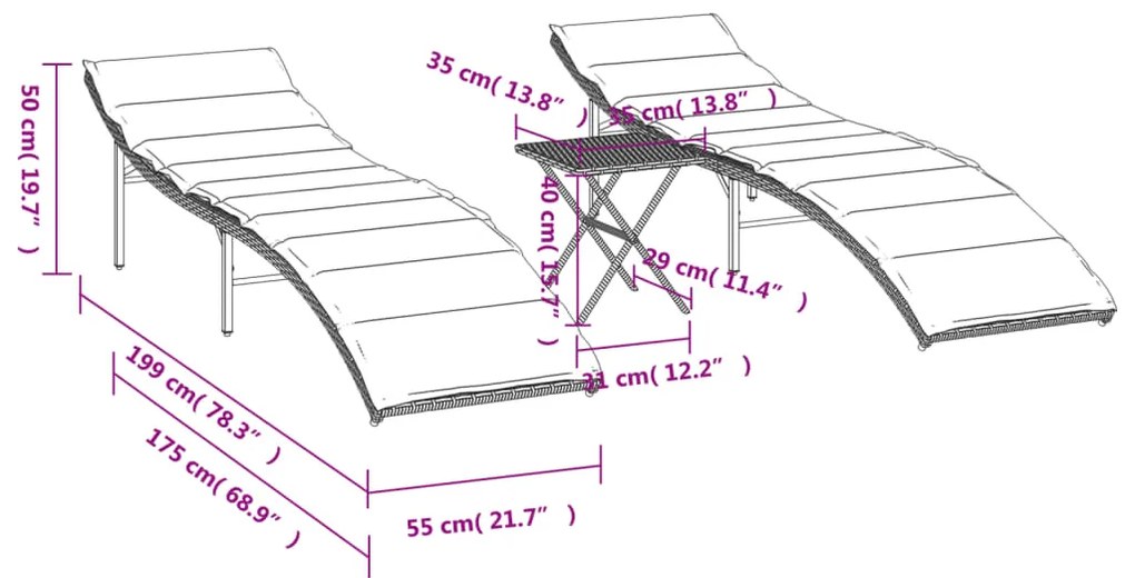 Espreguiçadeiras com mesa 2 pcs vime PE cinzento