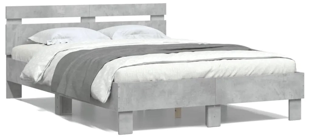 Estrutura cama cabeceira e luzes LED 135x190cm cinzento cimento