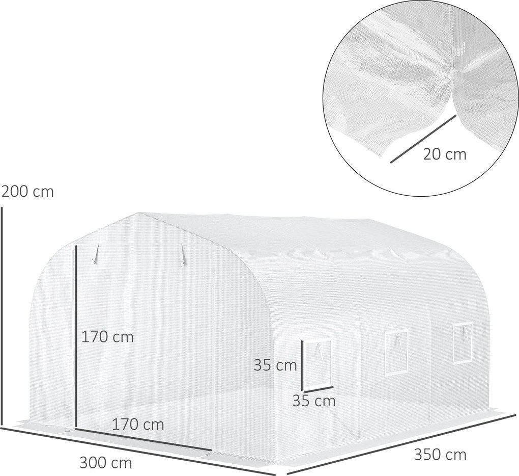 Estufa de jardim tipo túnel, dimensões: 3,5 m (L) x 3 m (C) x 2 m (A). Porta + 6 janelas enroláveis. Aço galvanizado e lona de PE de alta densidade, b