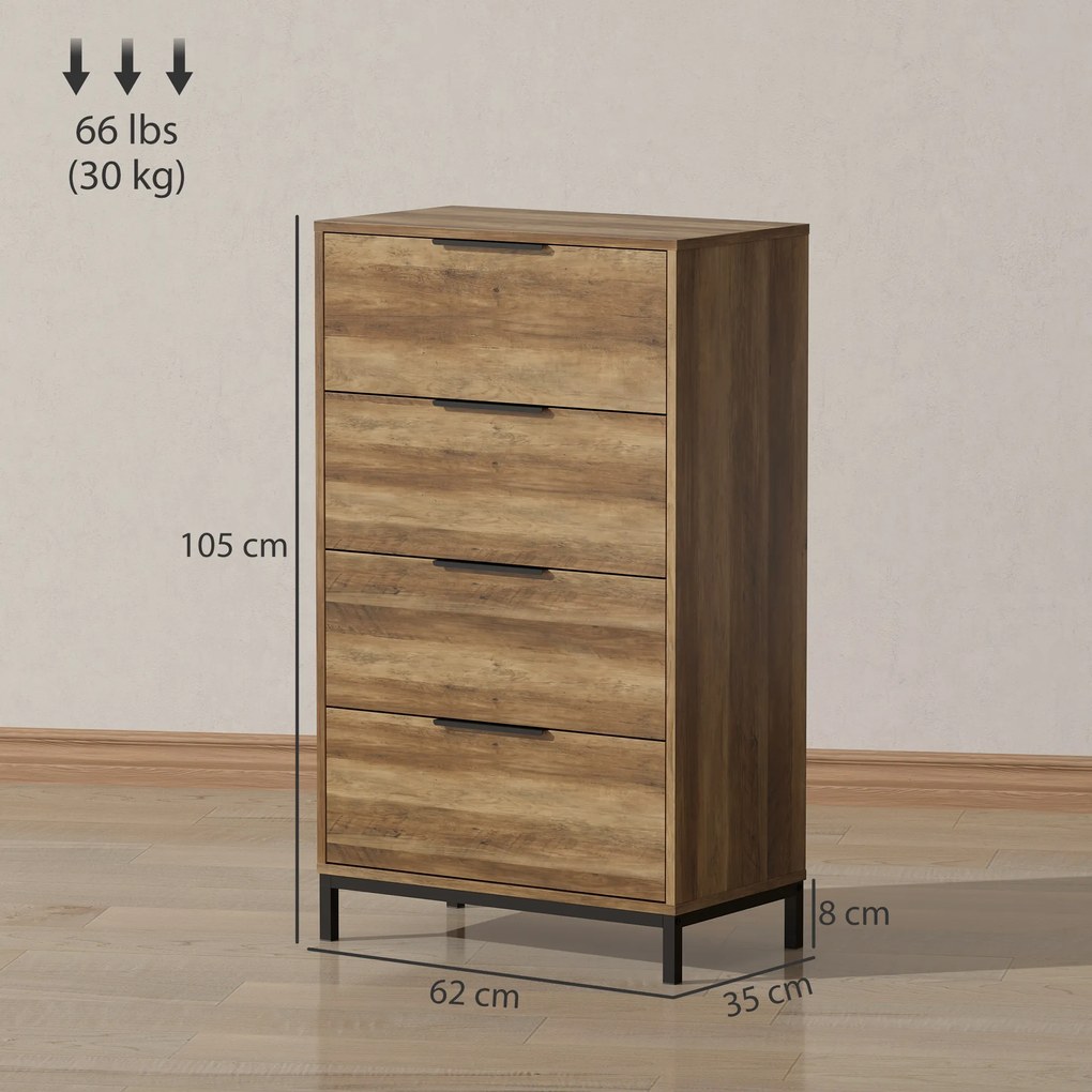 Cómoda de 4 Gavetas Cómoda para Dormitório Alta com Puxadores Metálicos Cómoda Estreita para 62x35x105 cm Castanho Rústico