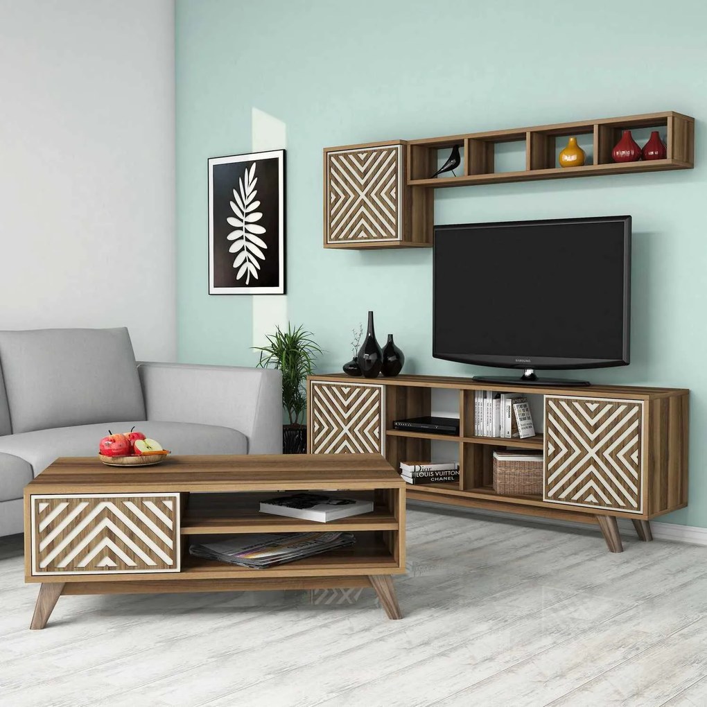 Conjunto de Mobiliário de Sala de Estar Inci – Nogueira e Creme – TV: