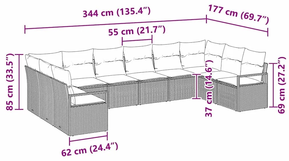 Conjunto de Sofá de Jardim de 10 Peças com Almofadas Cinzas em Rattan