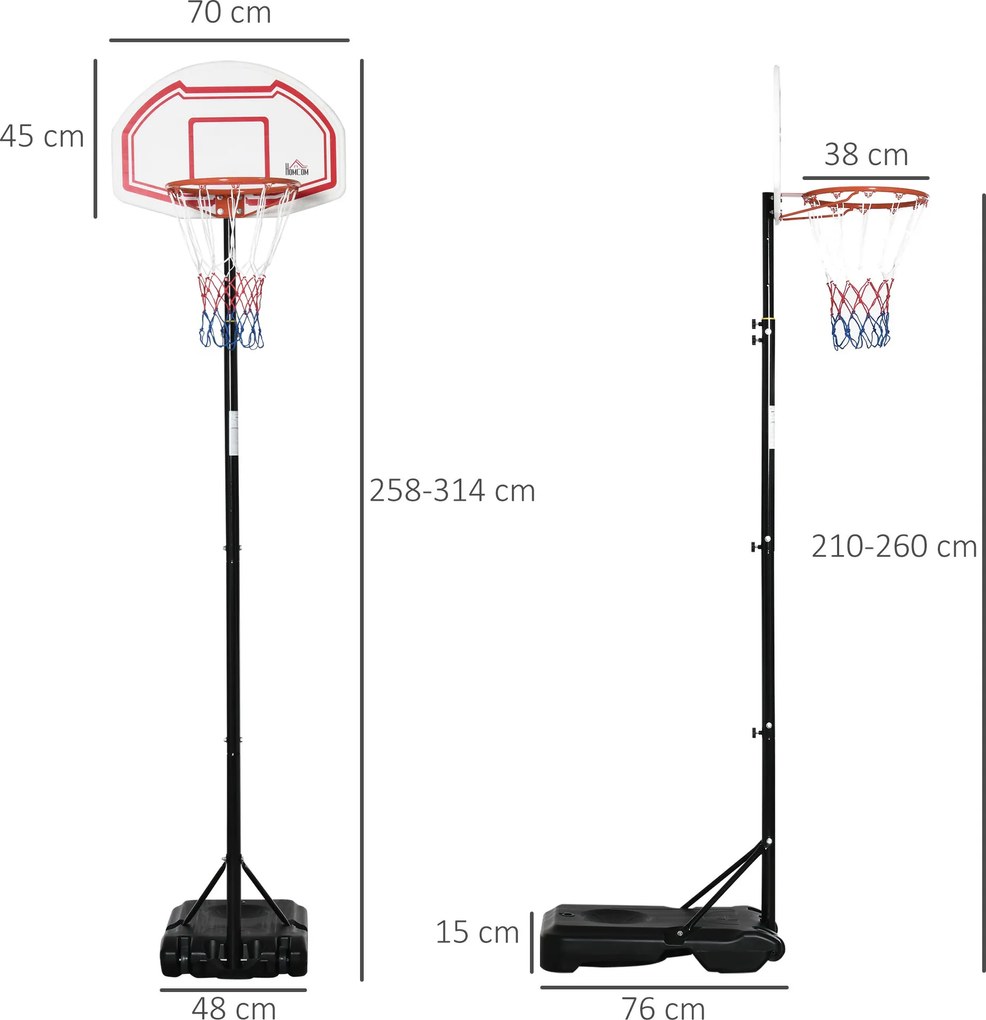 Cesto de basquetebol para exterior com poste e tabela, altura ajustável de 2,1 a 2,6 m (cesto) - preto, branco e vermelho