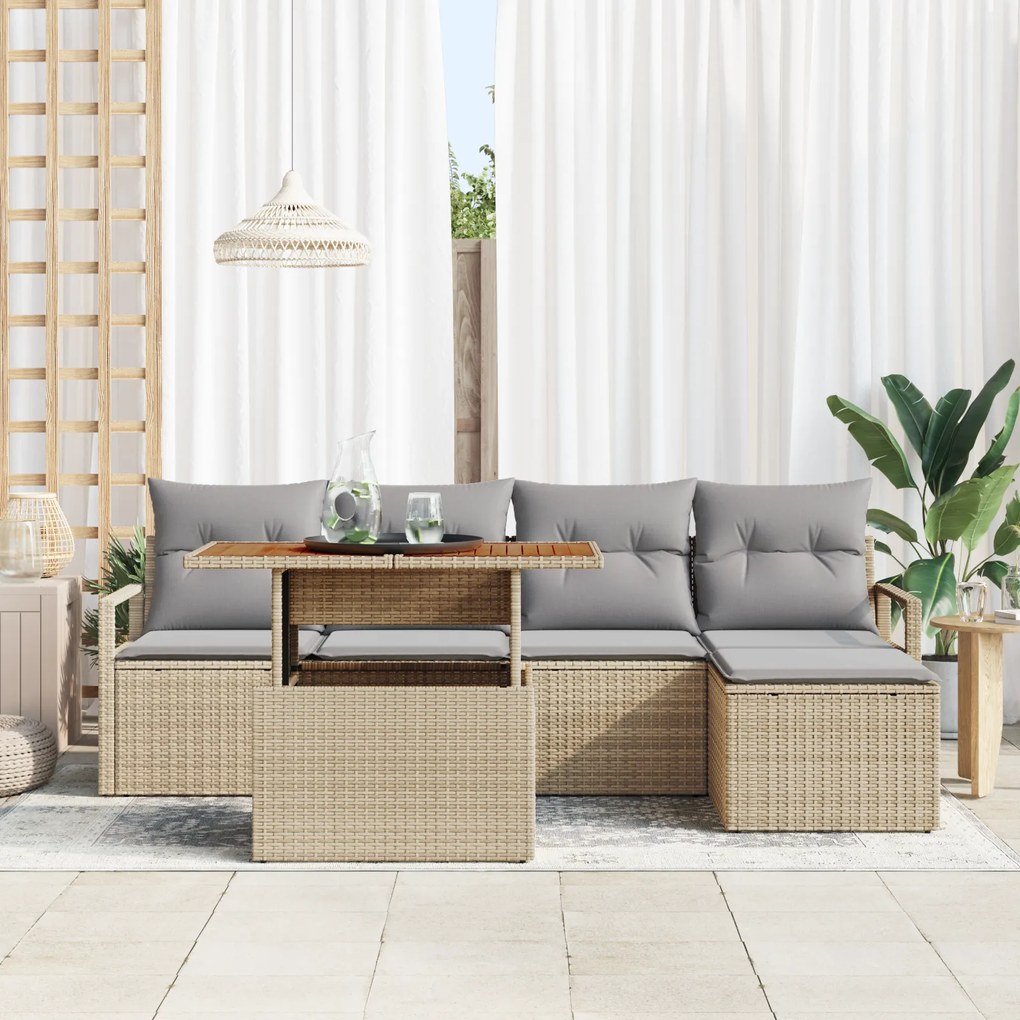 Conjunto de Sofá de Jardim vidaXL de 6 Peças com Almofadas Bege de Rat