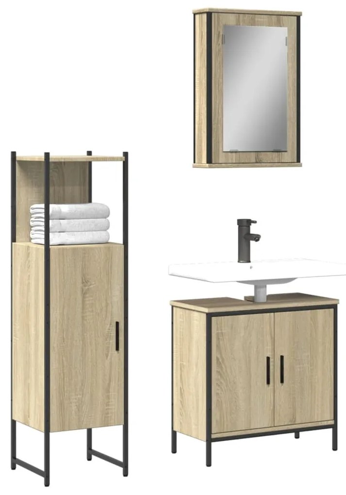 vidaXL 3 pcs conj. móveis casa banho derivados madeira carvalho sonoma